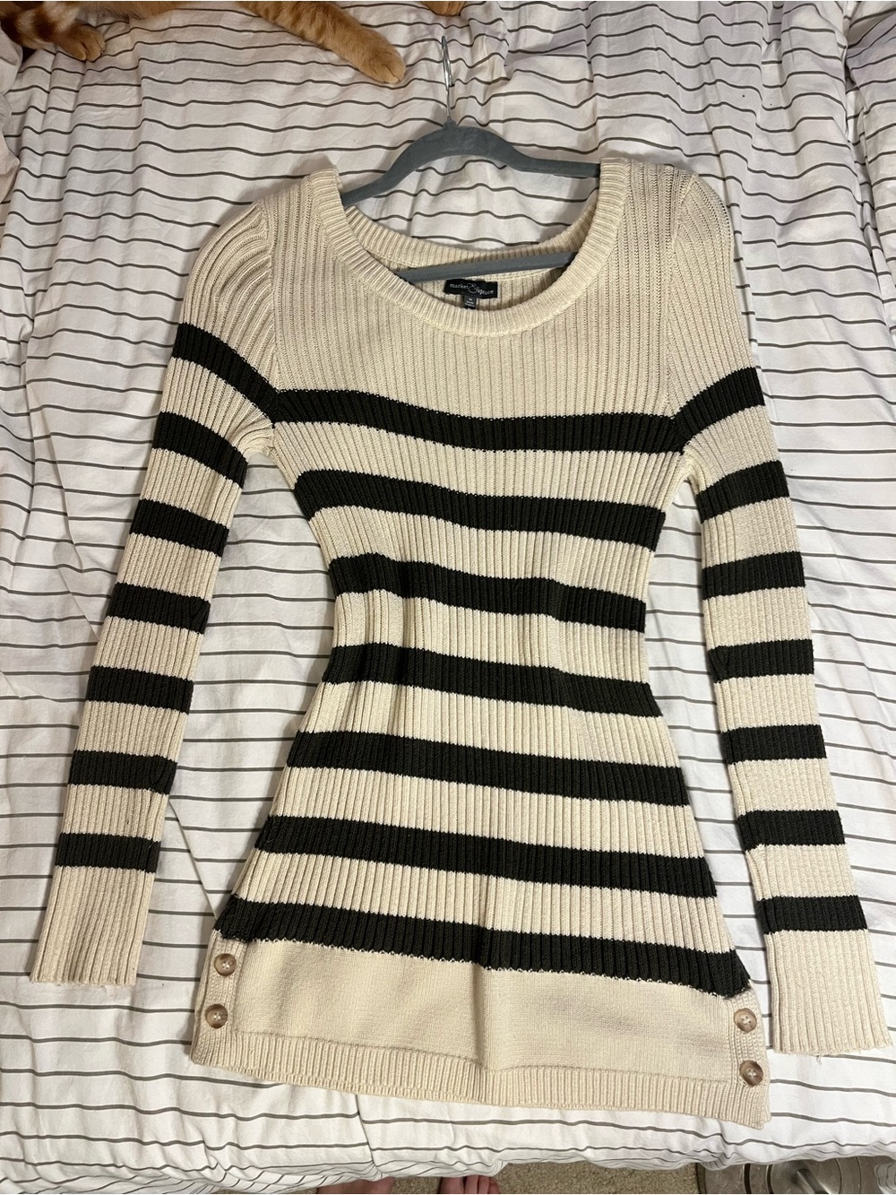 Market & Spruce Cream and Green Striped Ribbed Sweater Dress with Side Buttons